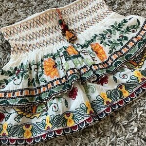 Zara White Tiered Skirt with Yellow & Green Embroidered Floral Smocked Skirt